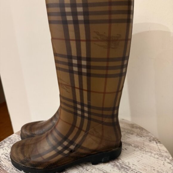 Burberry Rainboots Women Size 6.5 Beige Nova Check Plaid Rubber Knee High - Picture 4 of 4